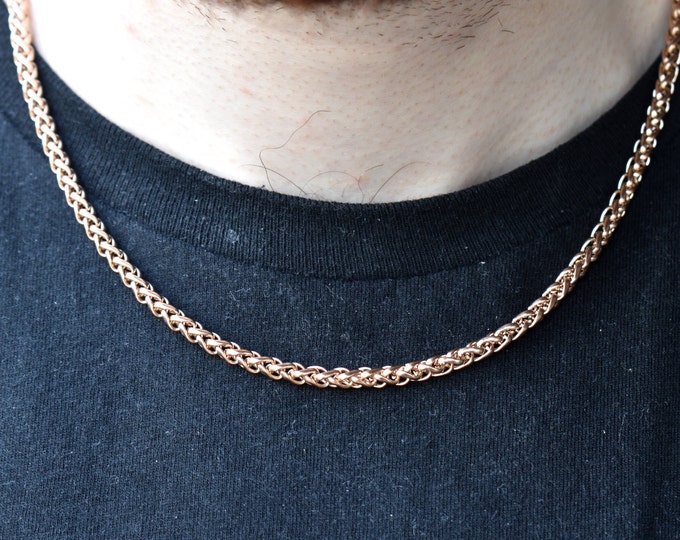 5MM 18K Rose Gold Wheat Chain Necklace, Stainless Steel Necklace Men, Stainless Steel Chain Necklace, Mens Necklace Stainless Steel