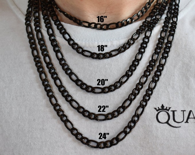 6MM Black Figaro Chain, Figaro Link Chain, Stainless Steel Chain Necklace, Stainless Steel, Black Chain for Men & Women