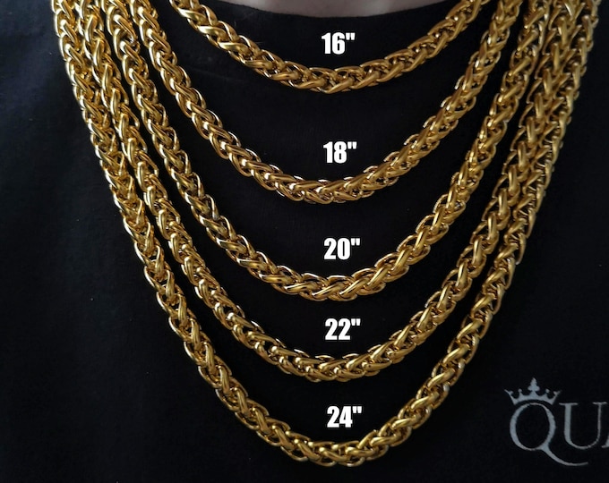 7MM 18K Gold Wheat Chain Necklace, Stainless Steel Necklace Men, Stainless Steel Chain Necklace, Mens Necklace Stainless Steel