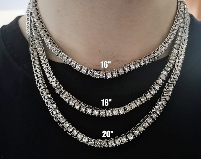 5MM Silver Tennis Chain Necklace, 316L Stainless Steel, Waterproof, Non-Tarnish, Gift for Him or Her