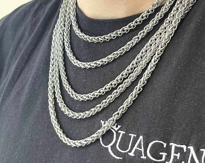 6MM Silver Wheat Chain Necklace, Stainless Steel Necklace Men, Stainless Steel Chain Necklace, Mens Necklace Stainless Steel