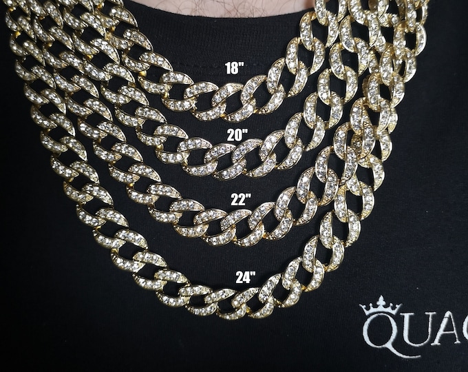 13MM Iced 18K Gold Chain, Miami Cuban Link Chain, Gold Cuban Link Necklace, Stainless Steel, Cuban Curb Chain Necklace, Cuban Necklace Men