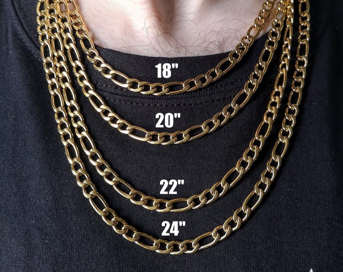 6MM 18K Gold Figaro Chain, Figaro Style Chain, Stainless Steel Chain Necklace, Stainless Steel, Gold Plated, Gold Chain for Men, Italian