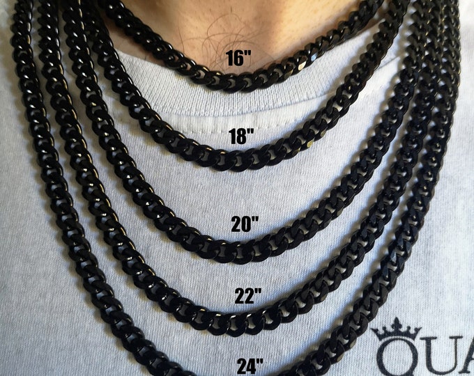 7MM Black Cuban Chain Necklace, 316L Stainless Steel, Waterproof, Non-Tarnish, Gift for Him or Her