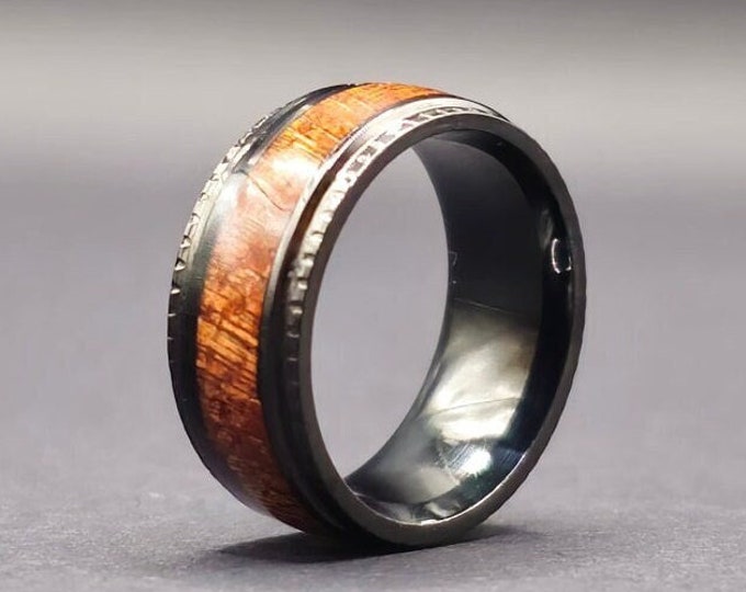Dark Wood Inlay Mens Ring - Stainless Steel and Rustic Handmade Wedding Band, Authentic Irish Jewellery from Northern Ireland