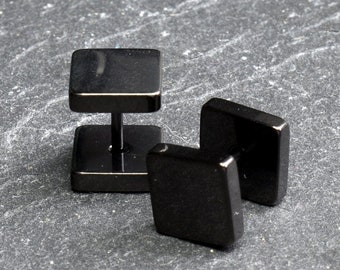 Black Square Studs, Geometric 316L Stainless Steel Earrings (8MM, 6MM)