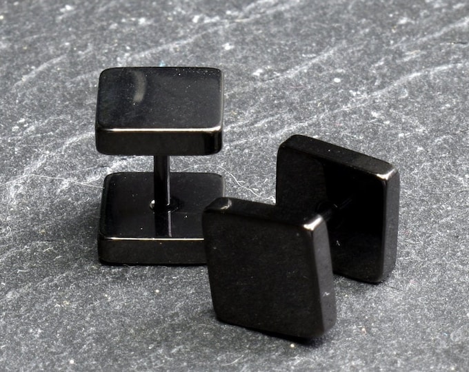 Black Square Studs, Geometric Earrings, Shiny Black Push Back Studs, 316L Stainless Steel, 8MM, 6MM - By Quagen