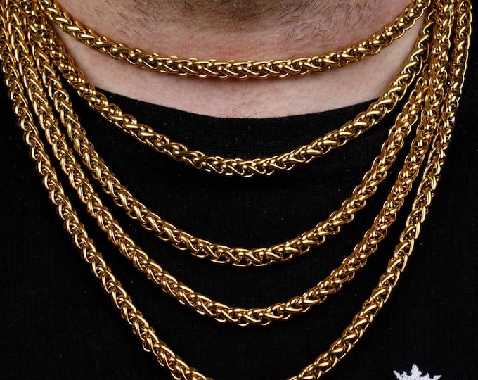 6MM 18K Gold Wheat Chain Necklace, Stainless Steel Necklace Men, Stainless Steel Chain Necklace, Mens Necklace Stainless Steel