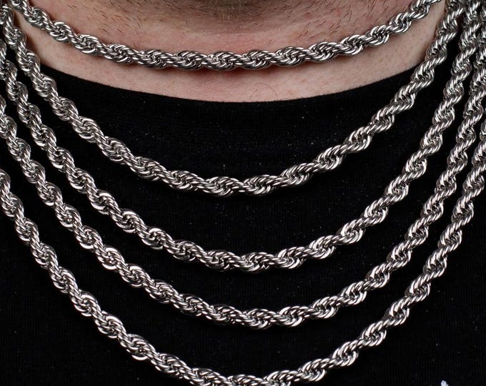 6MM Silver Rope Chain Necklace, Stainless Steel Necklace Men, Stainless Steel Chain Necklace, Mens Necklace Stainless Steel, Gifts for Him