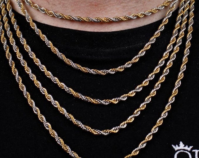 18K Gold Necklace, 3MM  Gold and Silver Rope Chain Necklace - Jewelry  - Irish Gold, Authentic Irish Jewellery from Northern Ireland
