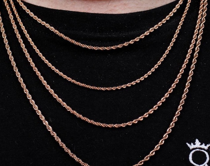 2MM Rose Gold Rope Chain Necklace, 316L Stainless Steel, Waterproof, Non-Tarnish, Gift for Him or Her