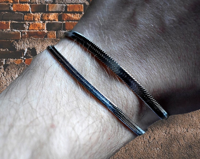 Silver Herringbone Bracelet, Silver Flat Snake Herringbone Bracelets with Adjustable Extender - By Quagen -  Gift