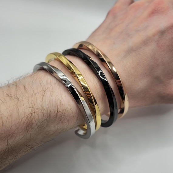 Mens Twisted Steel Bangle Cuff: Black, Rose Gold, Gold, Silver
