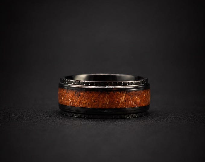 Dark Wood Inlay Stainless Steel Ring: Comfort Fit Wedding Band