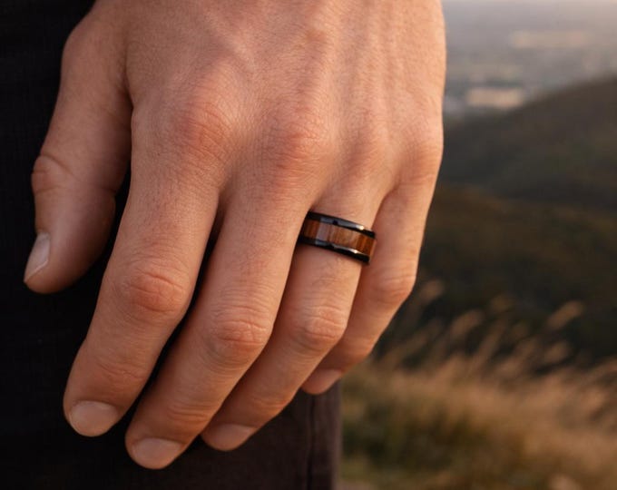 Rustic Black Stainless Steel Ring: Wood Inlay Comfort Fit Band