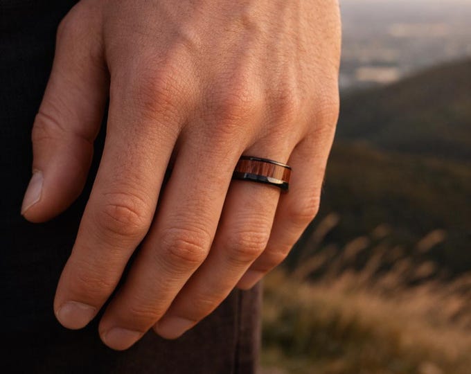 Red Wood Inlay Black Stainless Steel Ring: Waterproof Comfort Fit Band