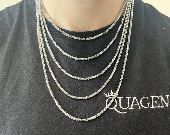 4MM Silver Wheat Chain Necklace, Stainless Steel Necklace Men, Stainless Steel Chain Necklace, Mens Necklace Stainless Steel