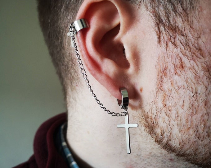 Earrings, Cross Earrings, Huggie Earrings, Black Cross Earrings, Silver Cross Earrings, Chain Earrings - 1 Piece