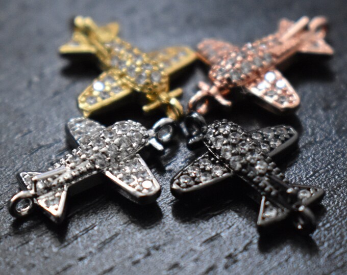 Airplane Pendant, Gold, Rose Gold, Silver, Aircraft Pendant, Aeroplane Charms, Pendants for Chain Necklace, Cubic Zirconia - By Quagen