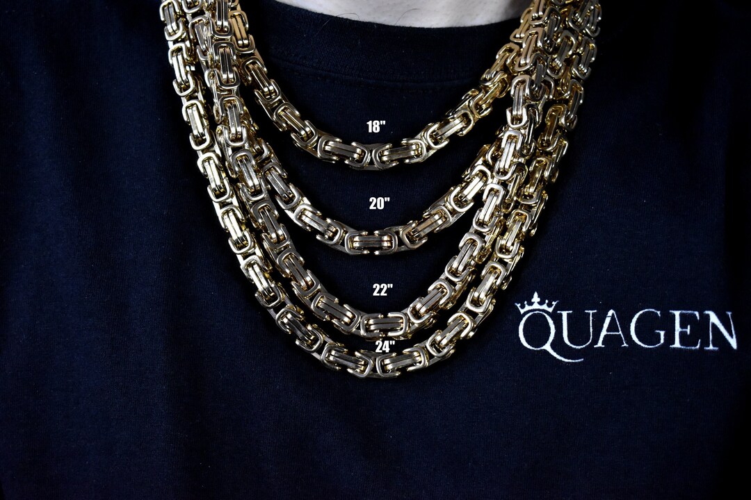 Mens Gold Necklace, 8MM 18K Gold Royal Byzantine Chain Necklace Mens