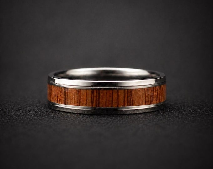 Wood Inlay Silver Ring: Stainless Steel Comfort Fit Band