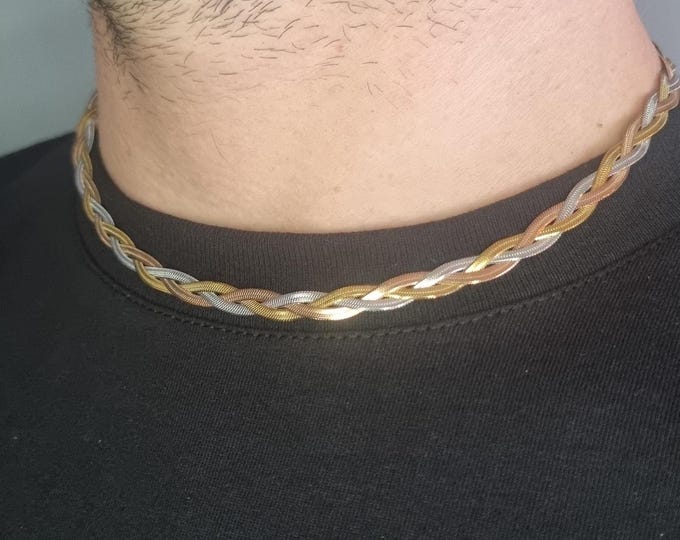 Tri-Colour Braided Snake Chain Necklace: Gold, Rose, Silver Stainless Steel