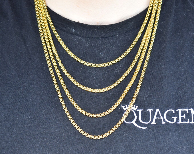 4MM Gold Box Chain Necklace, 316L Stainless Steel, Waterproof, Non-Tarnish, Gift for Him or Her