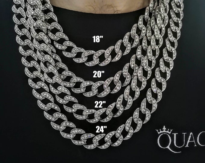 13MM Iced Silver Chain, Miami Cuban Link Chain, Silver Cuban Link Necklace, Stainless Steel, Cuban Curb Chain Necklace, Cuban Necklace Men