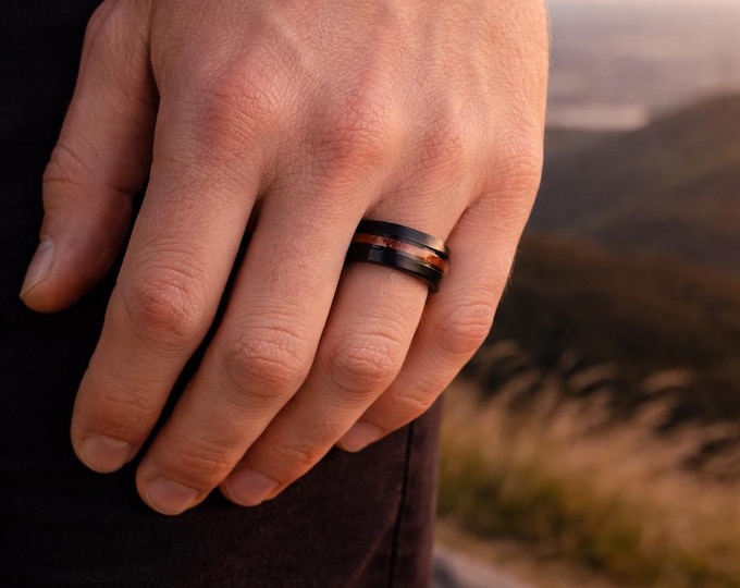 Black Wood Inlay Stainless Steel Ring | 8mm Comfort Fit Waterproof Hypoallergenic Band | Gift for Him & Her