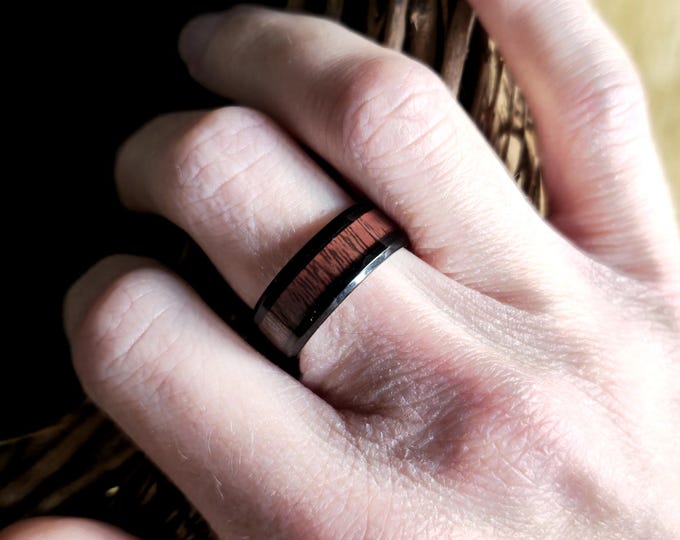 Rustic Mens Red Wood Inlay Ring on Black Stainless Steel Band - Handcrafted Wedding Band - Ideal Gift for Him
