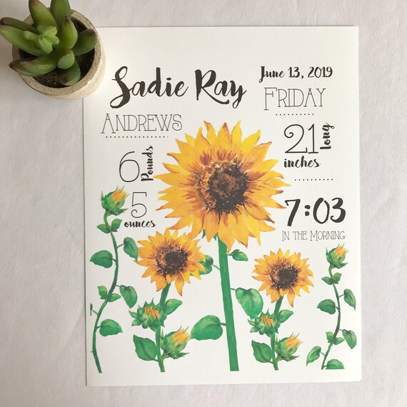 Sunflower Baby Stats Poster Baby Poster Details Of Birth Poster Baby Girl Poster Nursery Decor Girls Nursery Baby Girl Poster
