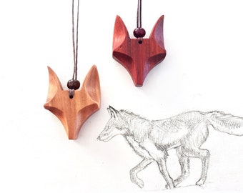 Red fox necklace kitsune wooden pendant wood animal jewelry Christmas gift