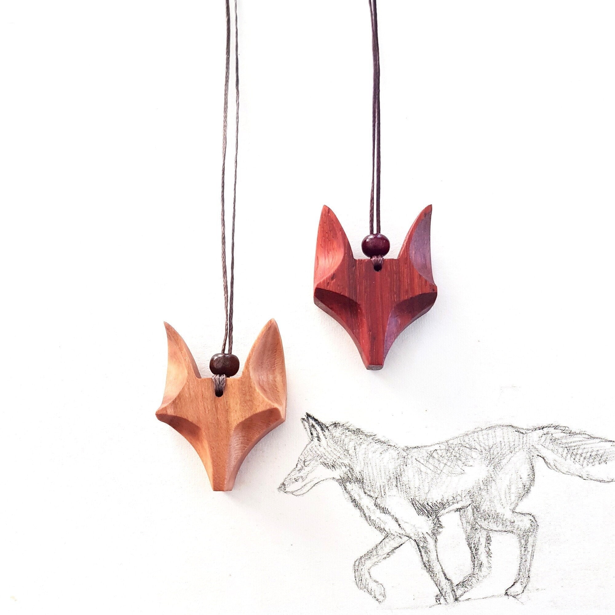 miniature figure necklace forest style micro sculpture animal Red Fox pendant resin wood