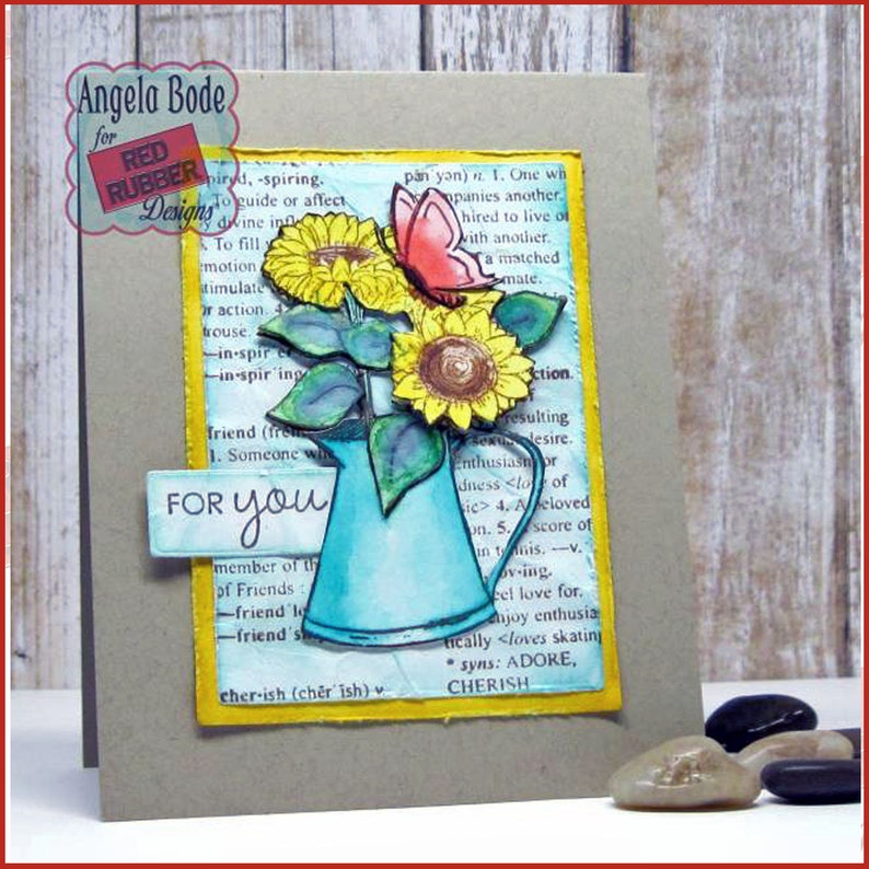 A handmade card showing off the vintage-style Well-Defined Backgrounds Unmounted Rubber Stamp set which has various dictionary definitions of words such as Birthday, Love, Art, Dream, Friend and more.