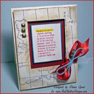 A handmade card showing off the vintage-style Well-Defined Backgrounds Unmounted Rubber Stamp set which has various dictionary definitions of words such as Birthday, Love, Art, Dream, Friend and more.