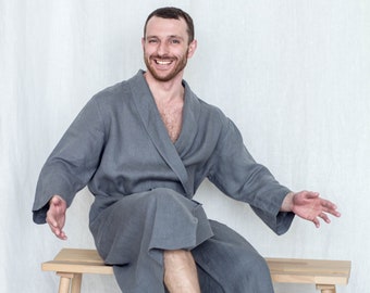 Gray linen robe for men - Linen Bathrobe - Dressing gown