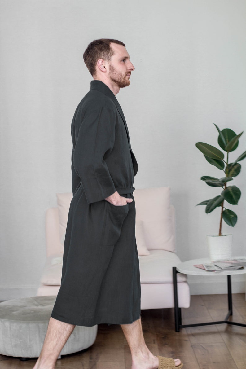Black Linen Bathrobe for Men, Natural Laungewear, Homewear, Wedding