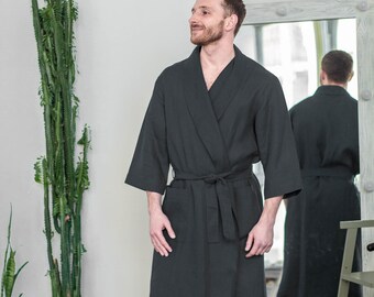 Black Linen bathrobe for men, Natural laungewear,  Homewear, Wedding robe