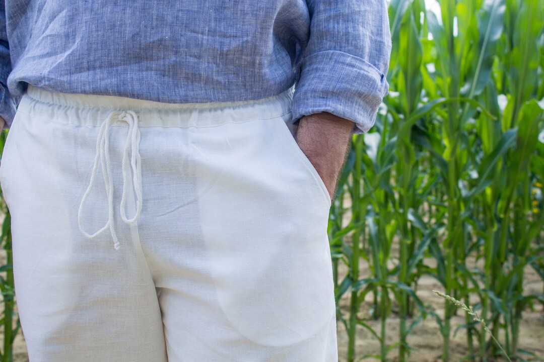 White Mens Linen Shorts With Pockets and With Elastic Waist / Mens