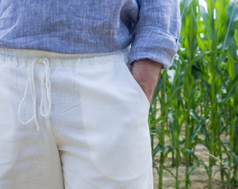 White mens linen shorts with pockets and with elastic waist / Mens summer linen shorts / Linen organic clothing / Gift for men