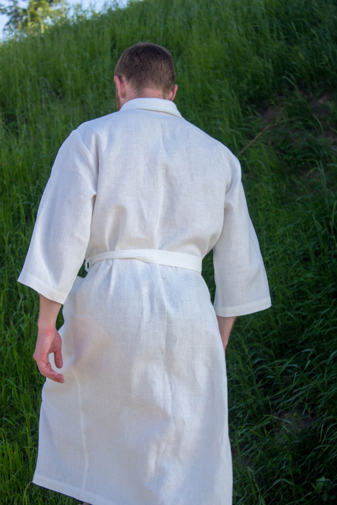 White Mens Linen Robe Wedding Robe Dressing Gown Etsy