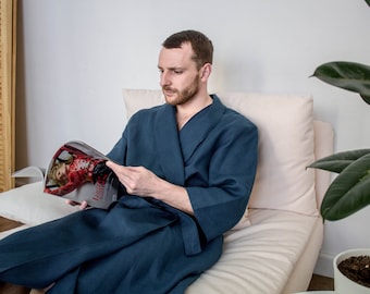 Nens Linen bathrobe - Navy Linen robe for men with pockets - Homewear