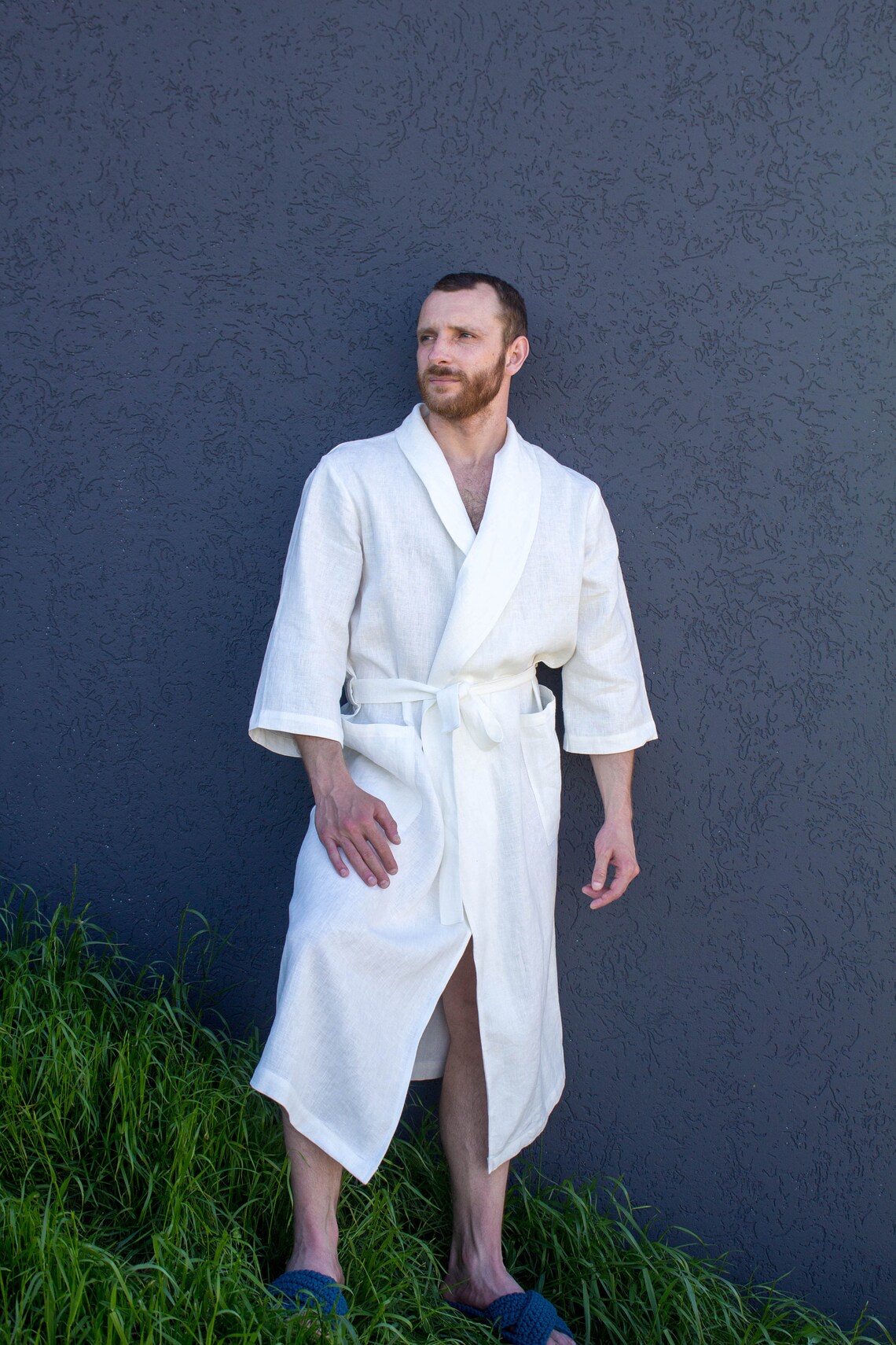 White Mens Linen Robe Wedding Robe Dressing Gown Etsy