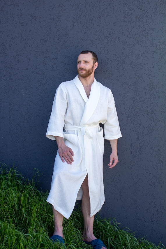 White mens linen bathrobe Natural linen robe Wedding robe | Etsy