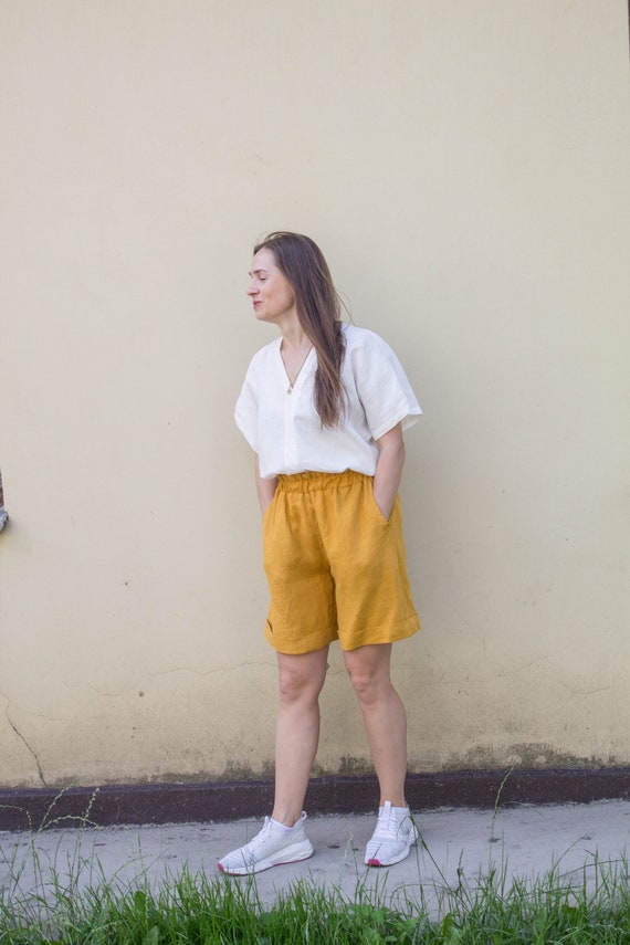 Mustard yellow high waisted shorts deals