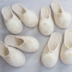 Cotton Knit Bridal Slippers with Fur Pompom