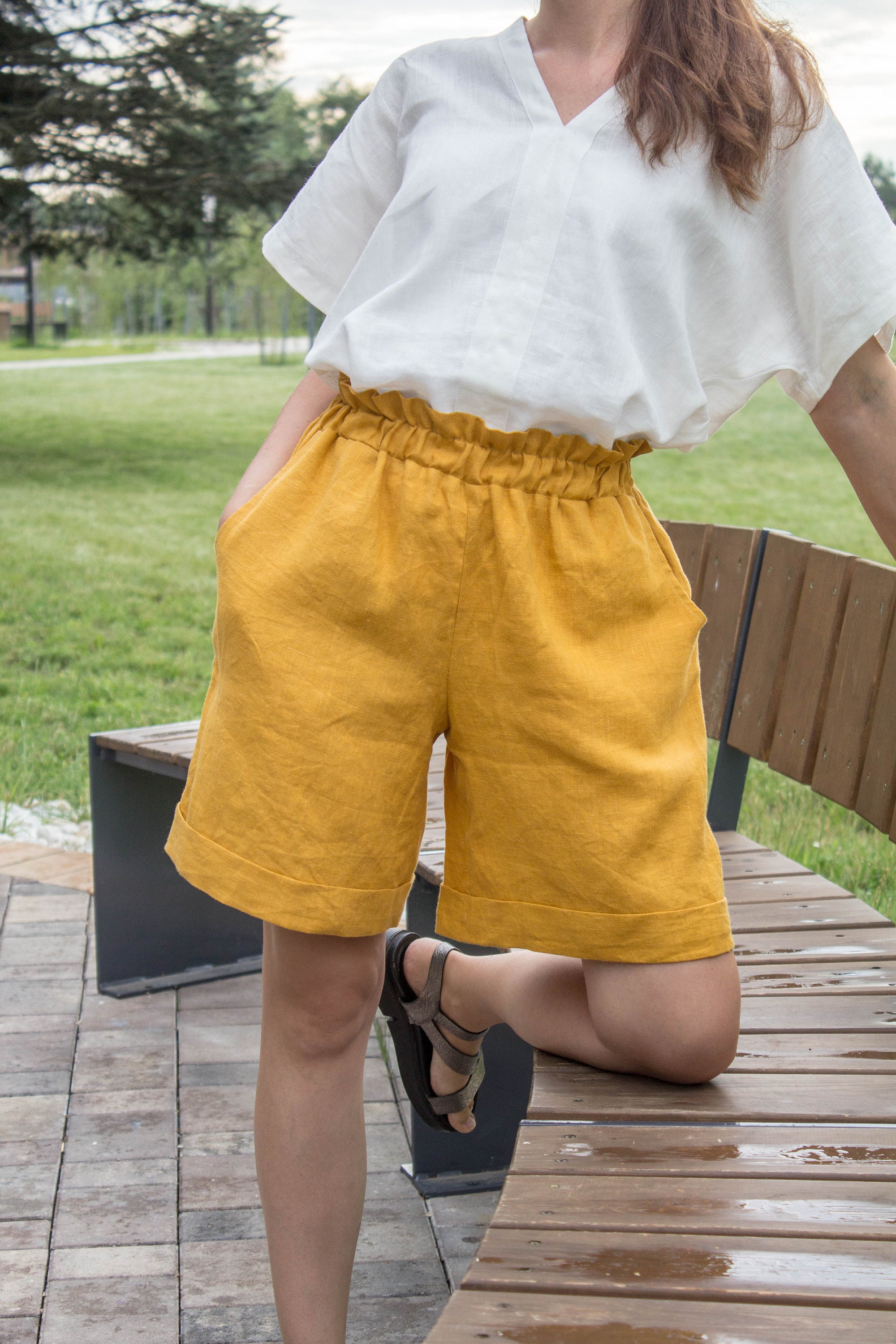 Mustard Linen Shorts Women High Waisted 