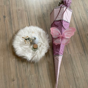 Cornet d'école, cornet en sucre papillon baie, rose, 85 cm, tissu, cousu, rentrée scolaire, sac, cadeau, papillon