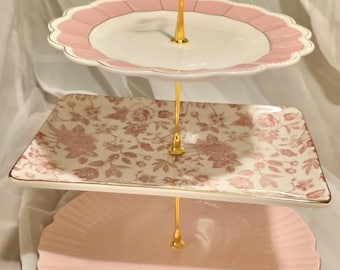 Pink Porcelain Tiered Tray with Gold Edging and Hardware – 3-Tier Serving Stand