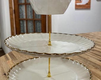 White Porcelain Tiered Tray with a heart bowl and Gold Edging and Hardware – 3-Tier Serving Stand